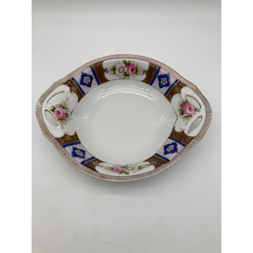 Antique Noritake Hand Painted Open Bowl Cutout Handles M Mark Japan Gold Trim 8"